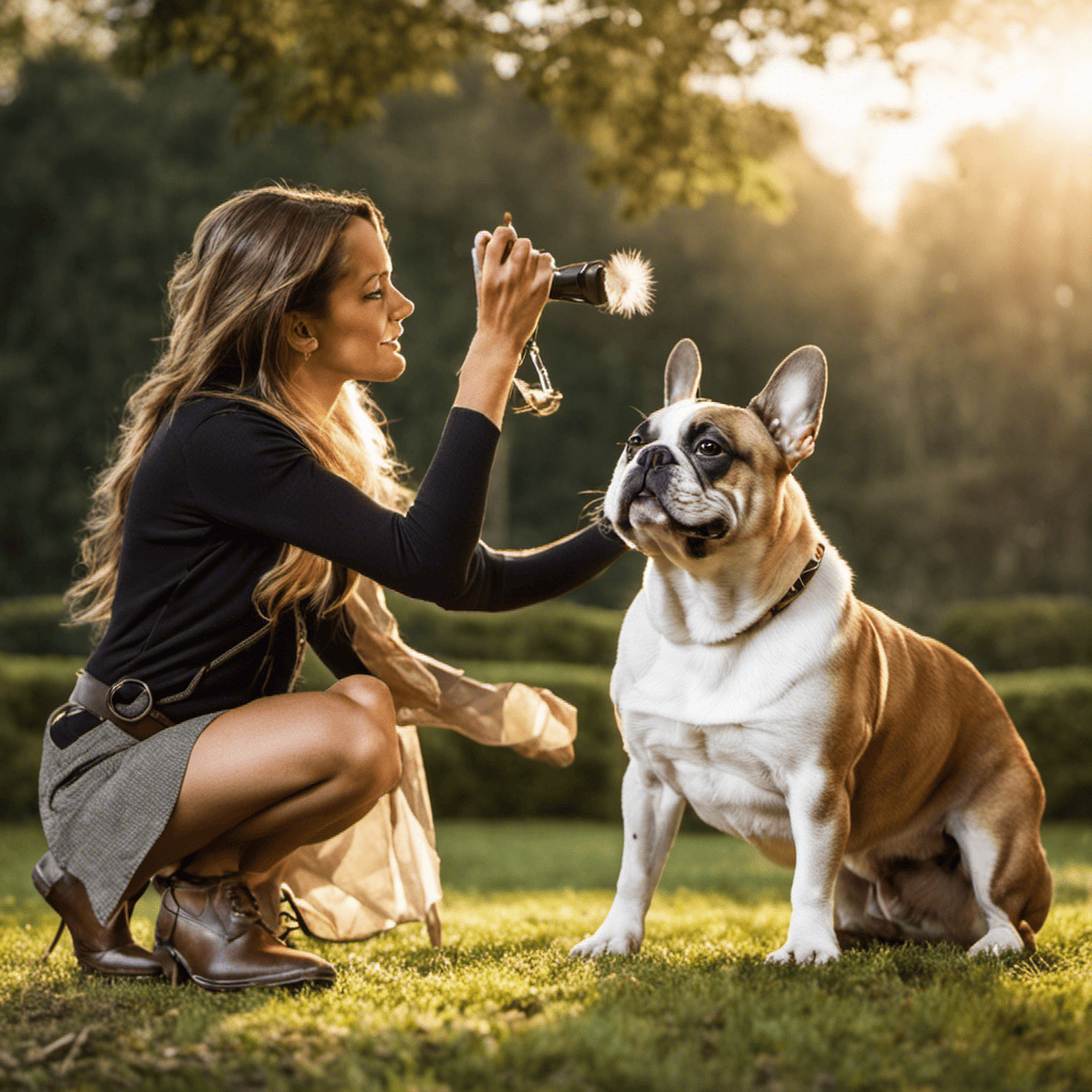 An image showcasing a French Bulldog and its owner engaged in reward-based obedience training, capturing their harmonious teamwork as they practice commands like "sit" and "stay" in a serene outdoor setting