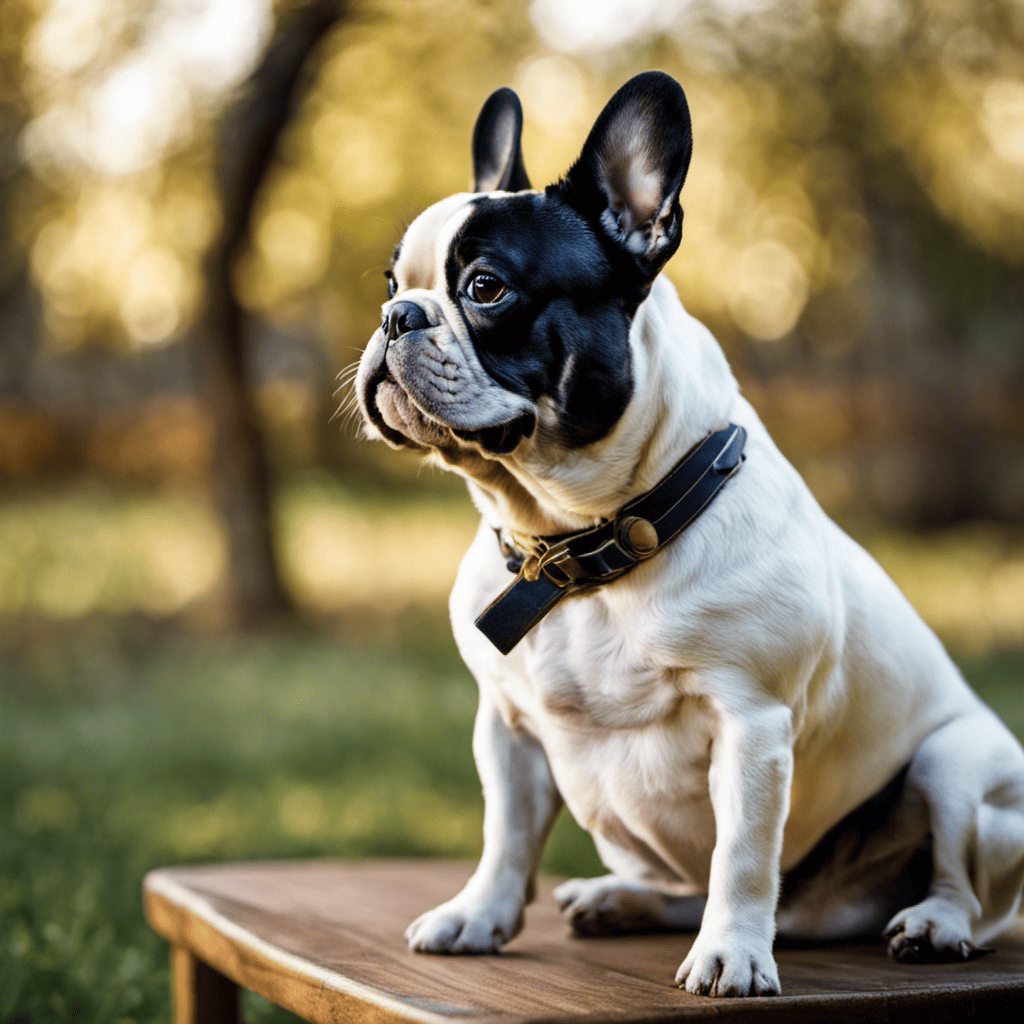 An image showcasing a joyful French Bulldog, eagerly sitting and attentively looking up at its owner, who holds a clicker and a treat in hand, highlighting the positive and enthusiastic atmosphere of reward-based obedience training