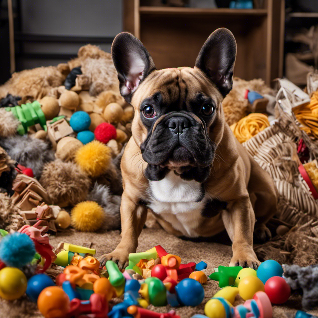 An image of a French Bulldog looking confused while sitting beside a scattered pile of chewed toys