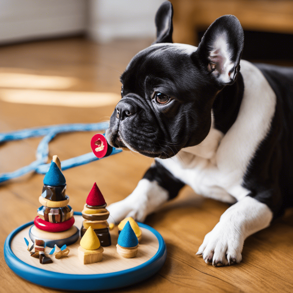 An image of a French Bulldog eagerly sitting and wagging its tail, with a variety of rewards laid out in front of it - a plush toy, a tasty treat, and a praise-filled clicker - representing the importance of choosing the right rewards for effective obedience training