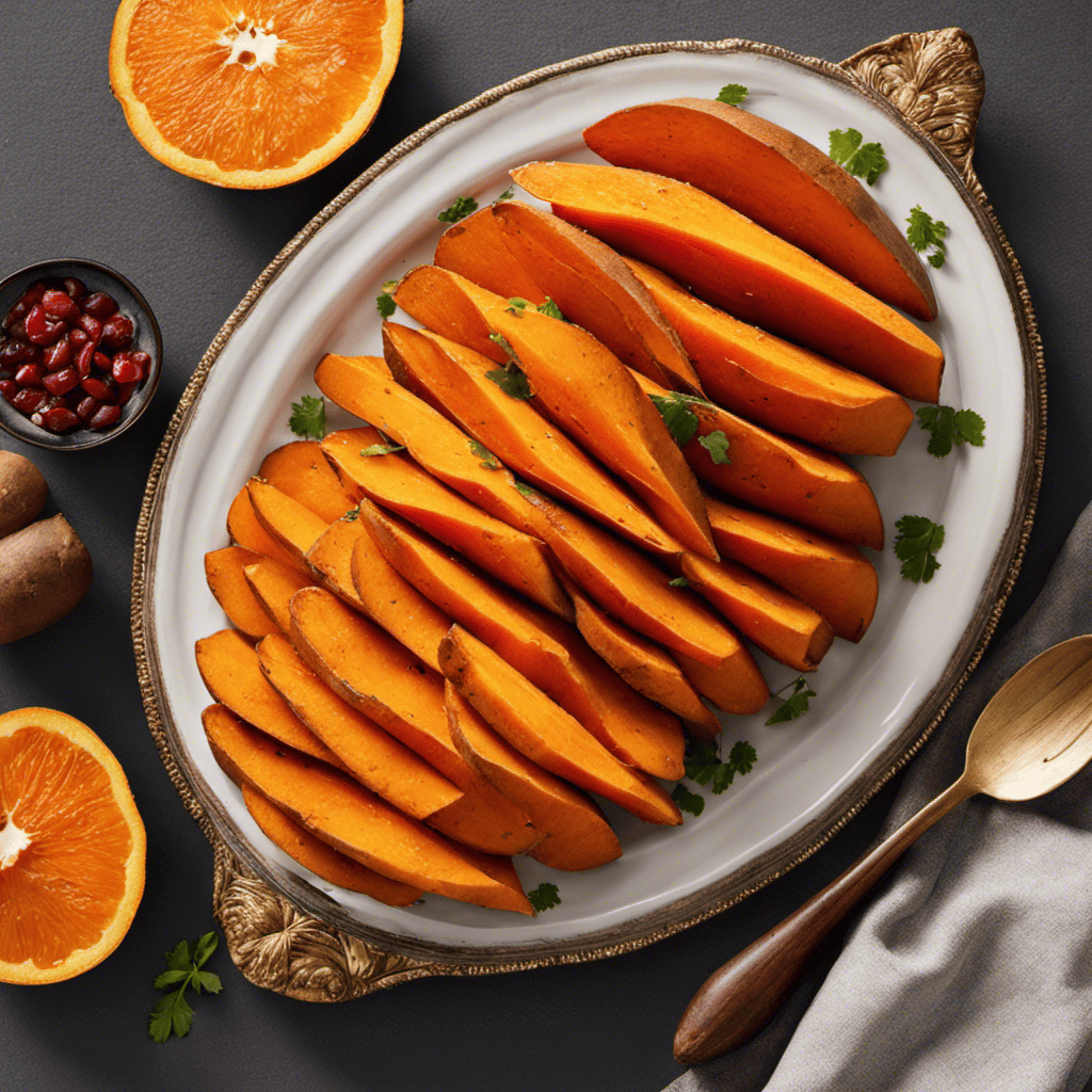 An image showcasing a perfectly cooked sweet potato, with a golden-brown crispy skin and a soft, vibrant orange flesh