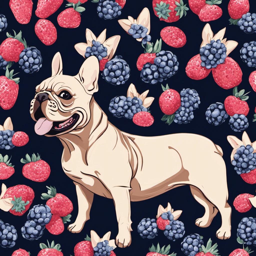 An image of a French Bulldog joyfully biting into a handful of plump, vibrant blueberries