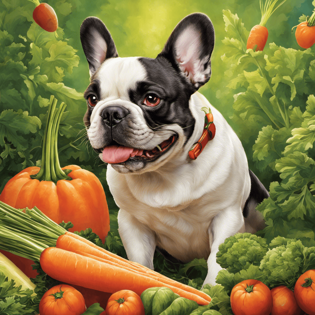 An image showcasing a joyful French Bulldog with an alert expression, eagerly munching on a fresh, vibrant carrot