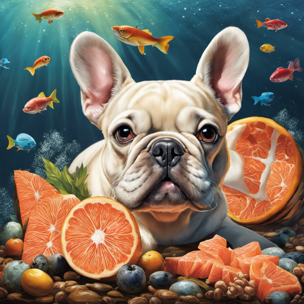 An image showcasing a delighted French Bulldog with a lustrous coat and radiant skin, happily munching on a salmon treat