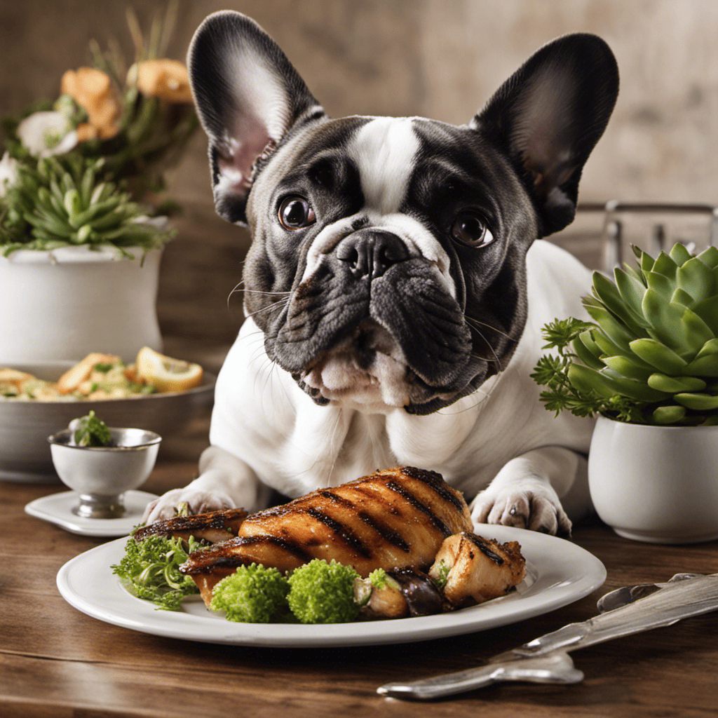 An image showcasing a French Bulldog eagerly devouring a plate of succulent, grilled lean chicken