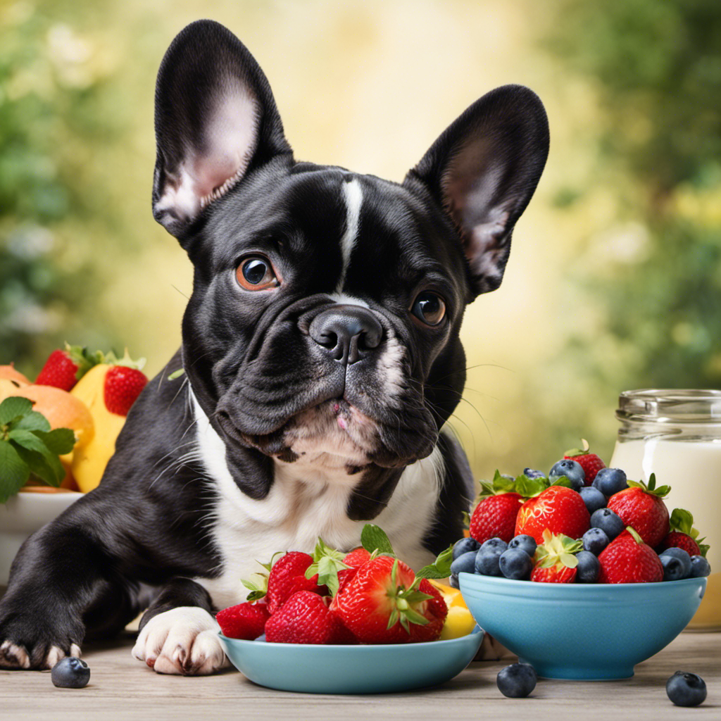 An image featuring a French Bulldog enjoying a bowl of creamy Greek yogurt, adorned with colorful fresh fruits like blueberries and sliced strawberries