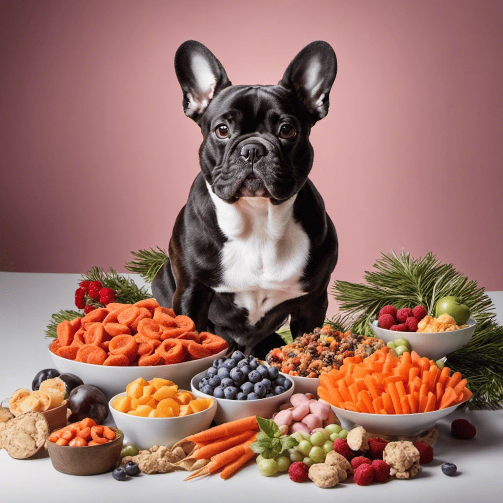 An image of a content French Bulldog sitting next to a colorful array of safe and healthy treats, such as blueberries, carrots, and sliced turkey, displayed on a clean, white background