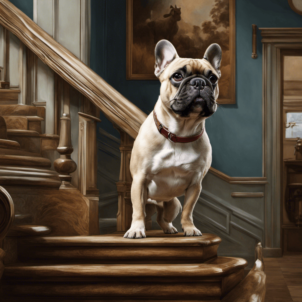 An image showcasing a French Bulldog struggling to climb stairs, favoring one hind leg, with a slightly tilted pelvis