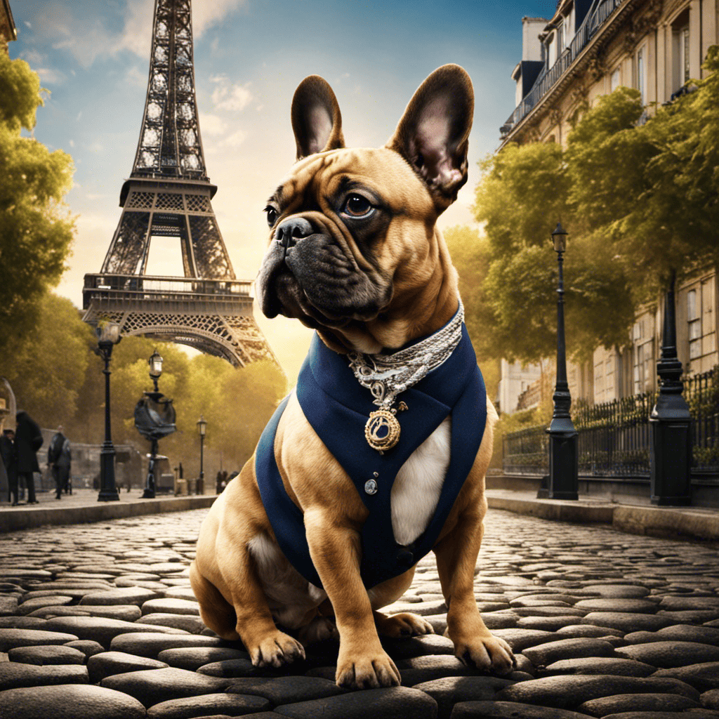 An image showcasing a regal French Bulldog standing proudly on a cobblestone street in Paris, with the iconic Eiffel Tower looming in the background, capturing the essence of the breed's historical origins