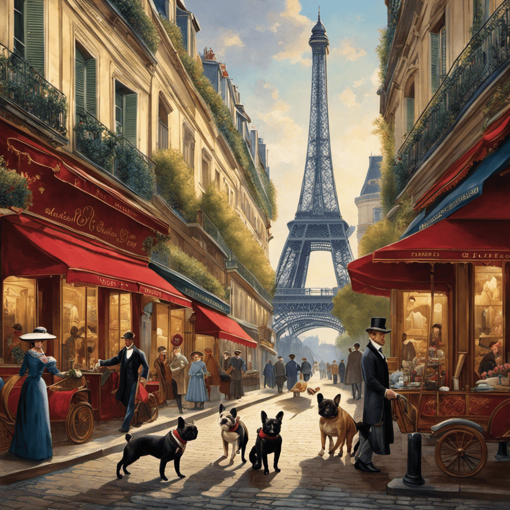 An image capturing the bustling streets of 19th-century Paris, where elegantly dressed Parisians stroll with their beloved French Bulldogs