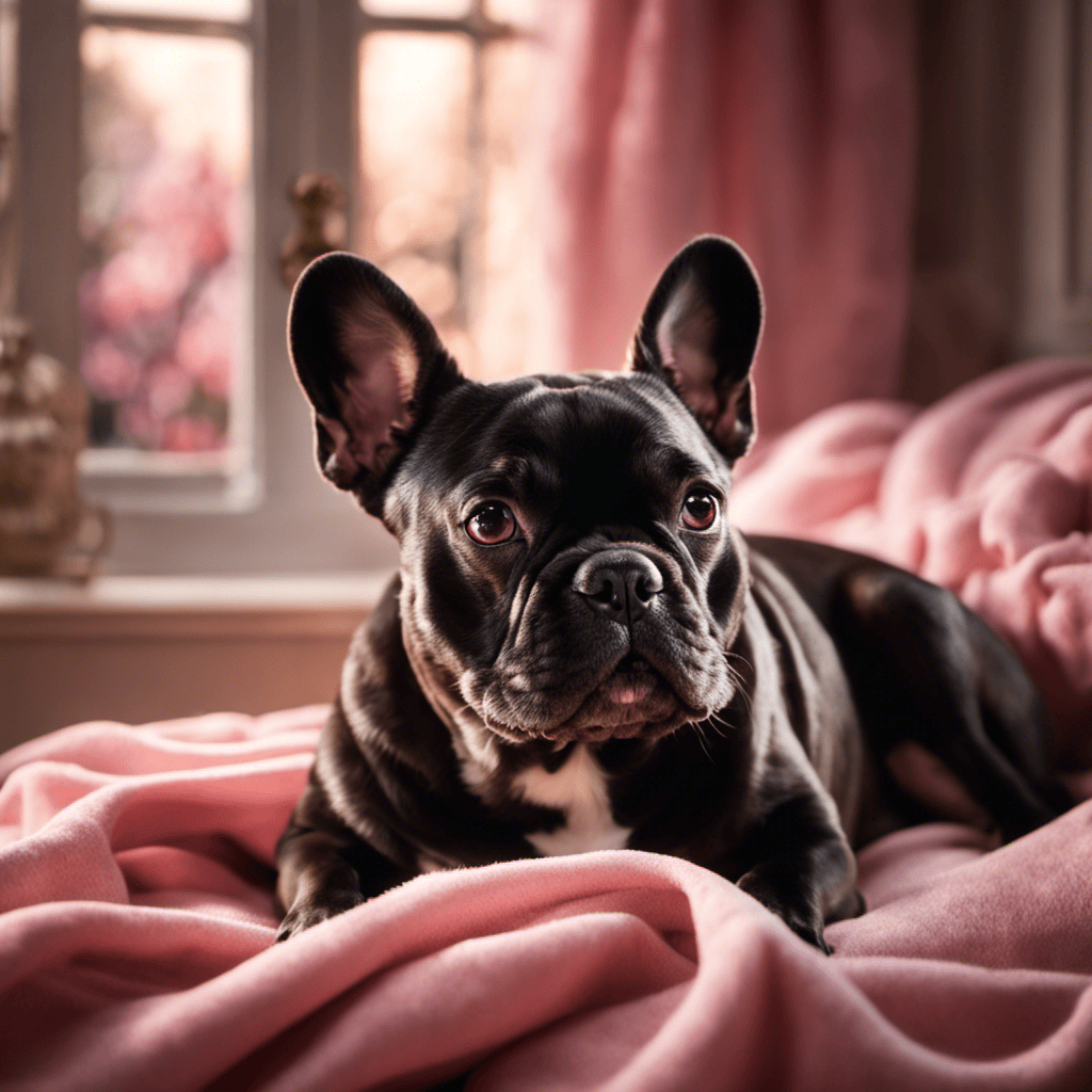 An image depicting a serene French Bulldog resting on a cozy bed, surrounded by a gentle pink ambiance