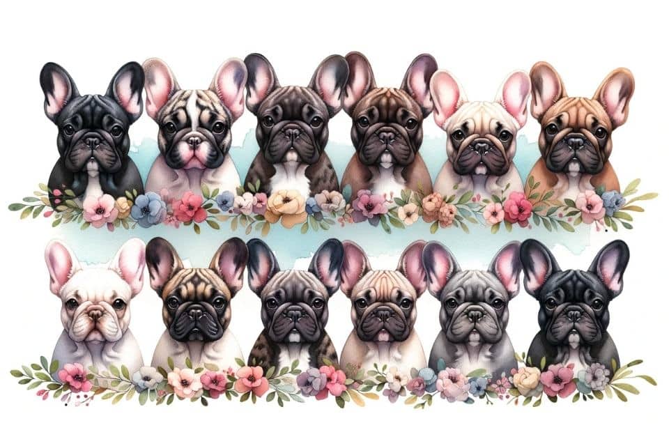 Watercolor painting depicting French Bulldogs of various coat colors in a row, each separated by a delicate floral divider. The colors range from deep brindle to light fawn. The soft texture of the watercolor adds depth and vibrancy to each bulldog.