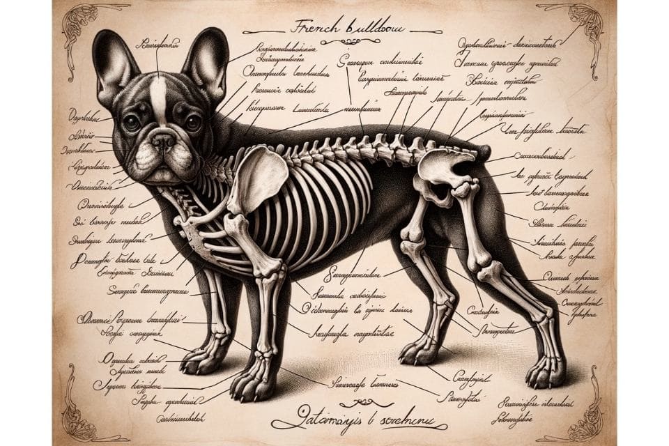 The Comprehensive Guide to French Bulldog Breed Specific Information - Detailed ink drawing of a French Bulldog's skeletal and muscular system, showing the unique anatomy of the breed. Annotations in elegant cursive script provide insights into each part, all set against an antique parchment background.