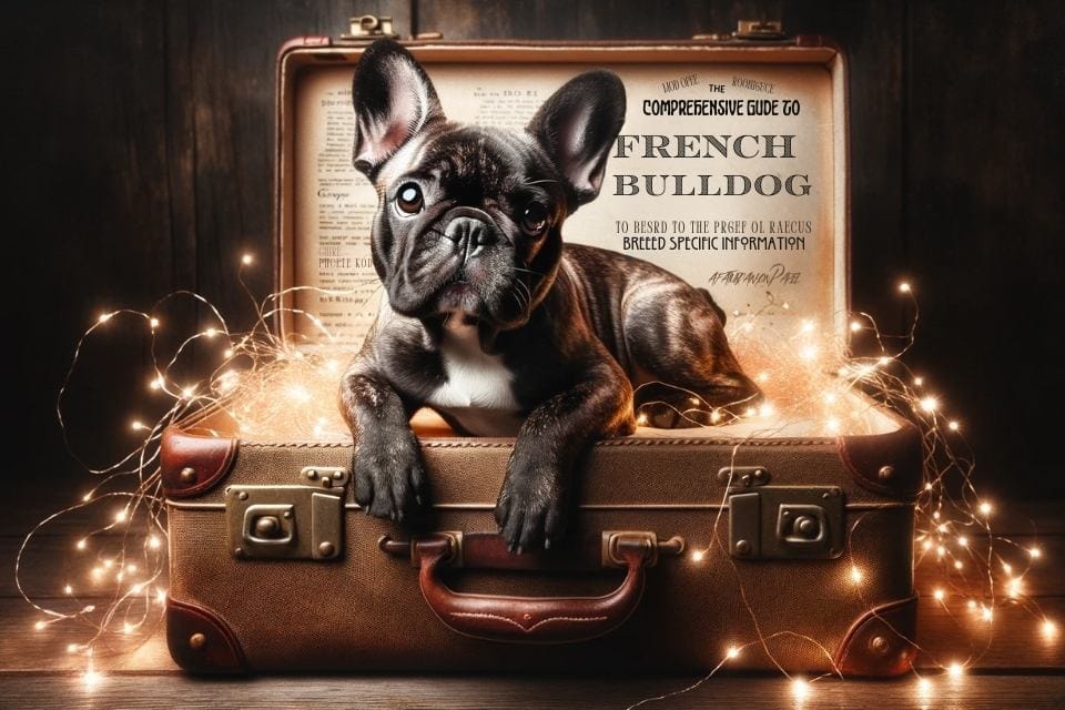 Photo capturing the essence of a French Bulldog's charm: a brindle pup with expressive eyes sits atop a vintage suitcase, symbolizing the breed's journey and history. Glowing fairy lights surround the scene, and an overlay of gold embossed text reads 'The Comprehensive Guide to French Bulldog Breed Specific Information'.