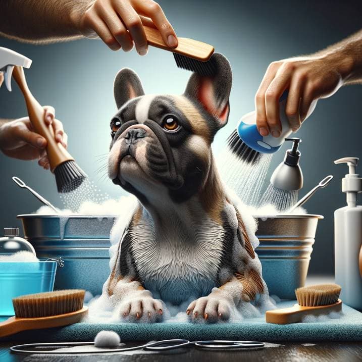 A French Bulldog is enjoying a grooming session