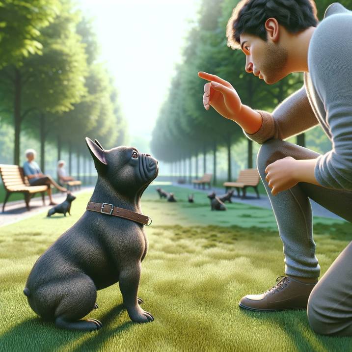 A French Bulldog in a training session with his boss