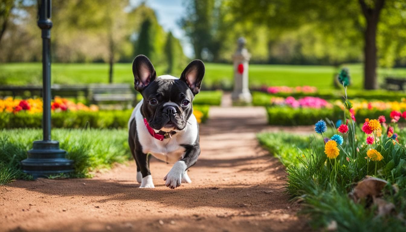 French Bulldog recall training outdoors with owner