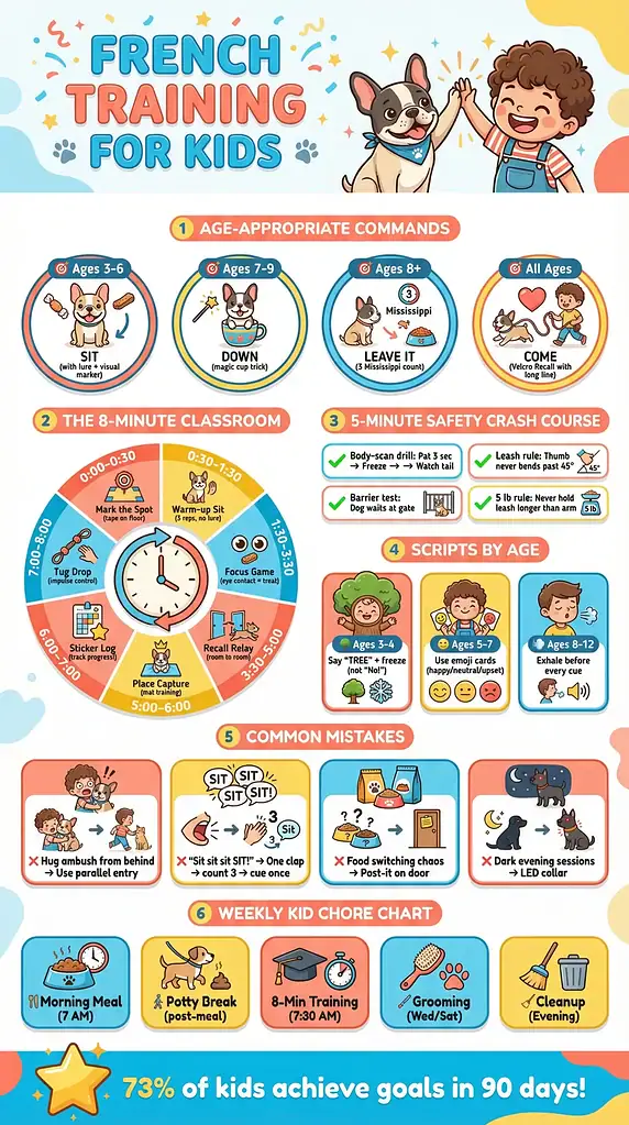 French Bulldog Training for Kids poster featuring cartoon dog and child, age-appropriate commands, 8-minute classroom schedule, weekly chore chart, and French Bulldog care tips