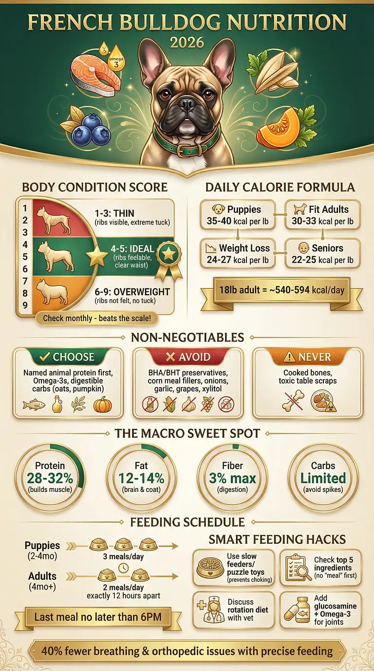French Bulldog Nutrition Chart 2026 featuring a French Bulldog, fish, blueberries, pumpkin, and almonds. Displays body condition score, daily calorie formula, non-negotiables, macro sweet spot, feeding schedule, and smart feeding hacks for French Bulldogs.