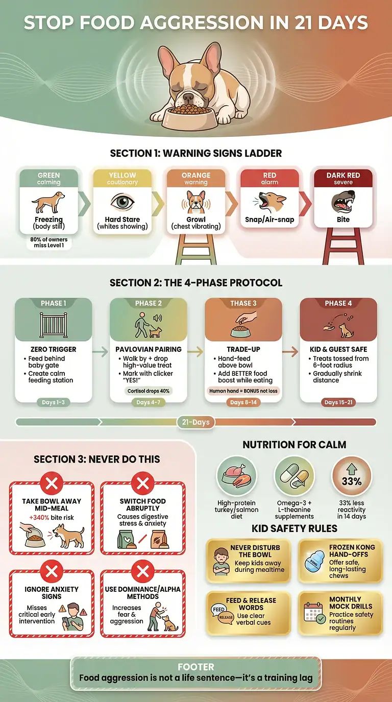 French Bulldog food aggression infographic showing warning signs, four-phase protocol, and nutrition tips for calming dogs