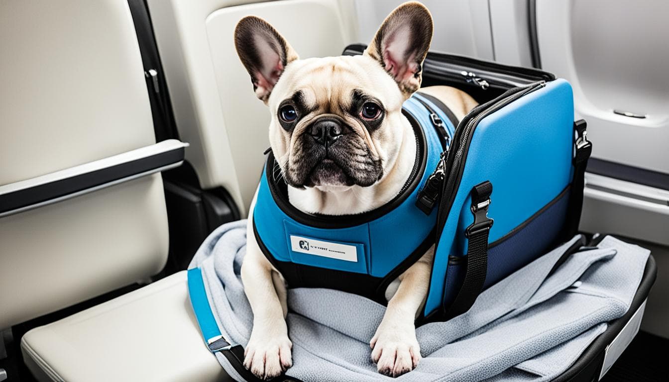 French Bulldog in a car harness