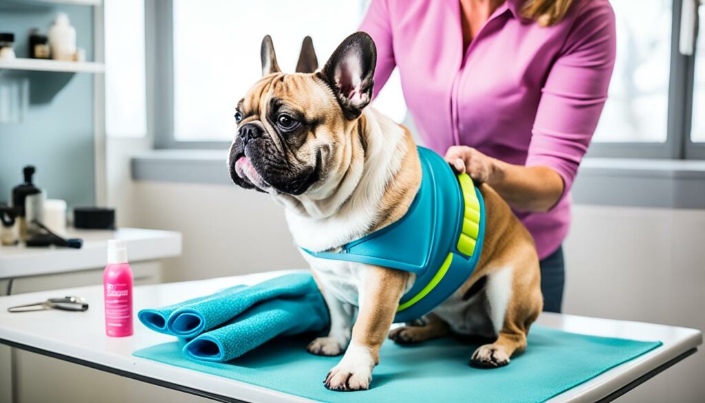 French Bulldog enjoying grooming