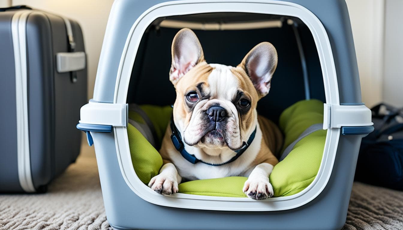 French Bulldog in a travel carrier