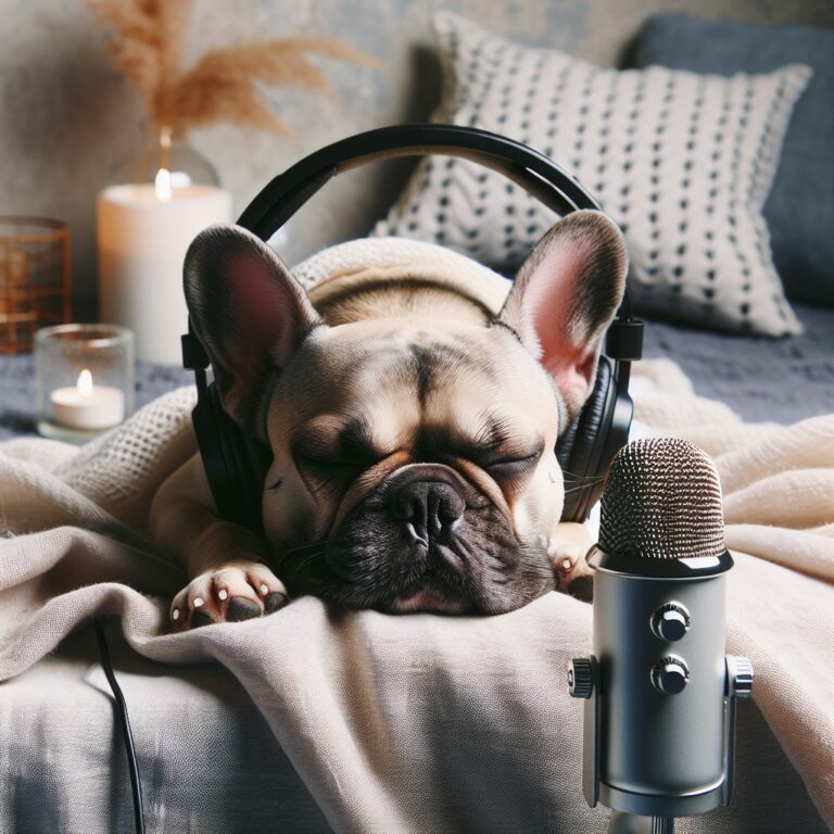 Relaxed French bulldog in a calm ASMR-inspired setting with a soothing atmosphere