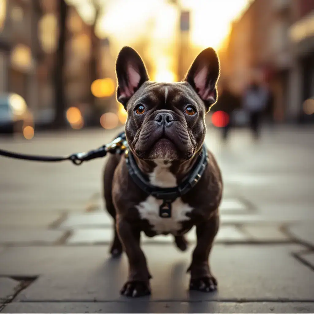 French Bulldog leash training during a focused outdoor session