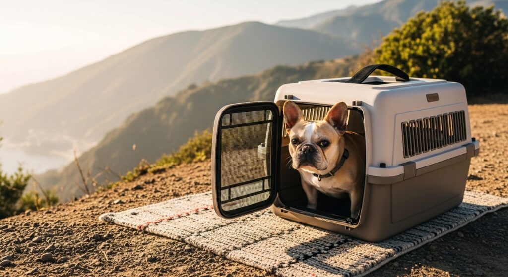 French Bulldog in carrier on outdoor travel adventure.