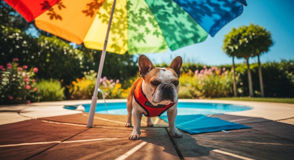 French Bulldog in red harness by pool under rainbow umbrella.