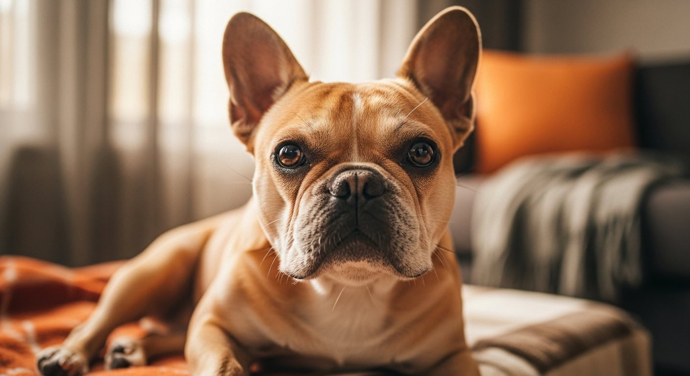 Tan French Bulldog looking at camera. Pet dog portrait.