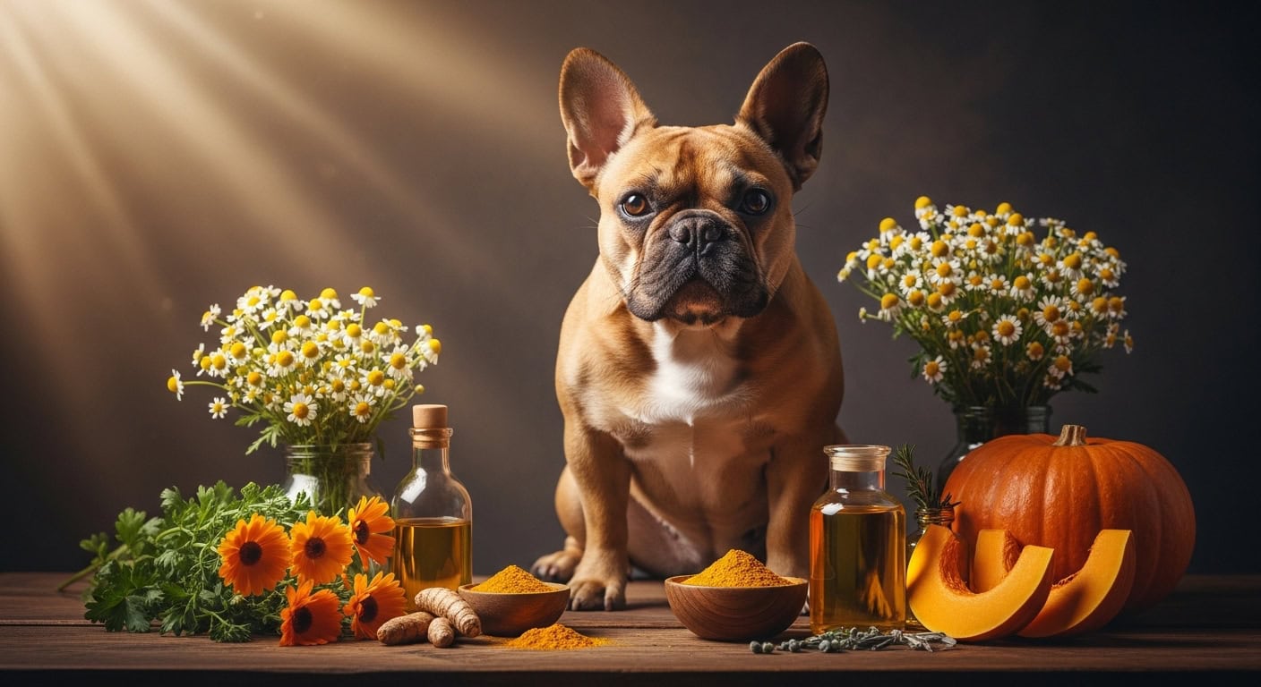 Natural remedies for pets. French bulldog, chamomile, herbs, oils, and pumpkin for holistic pet care.