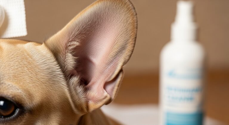 Close-up of a French Bulldog's ear with cleaning solution.