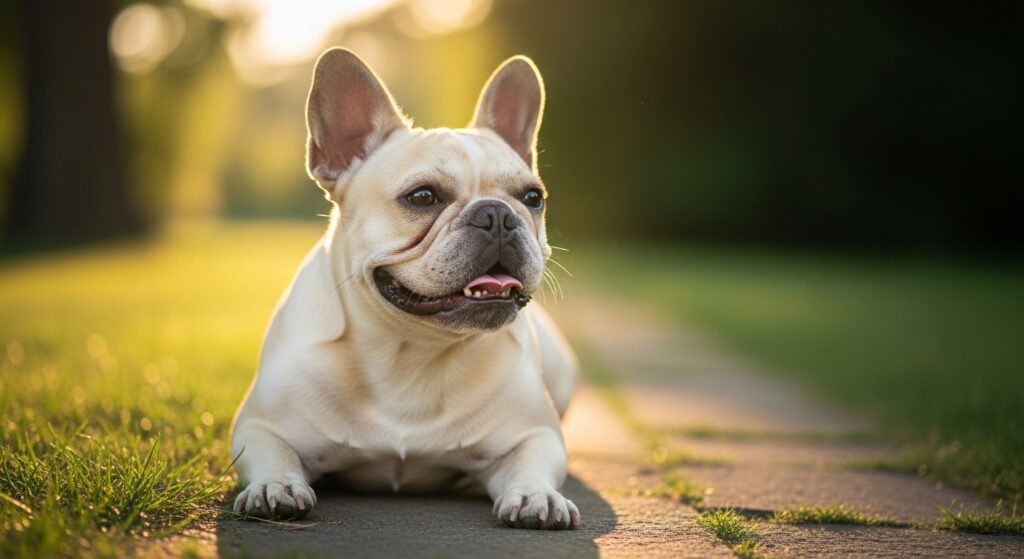 French Bulldog lying on a sunny path.