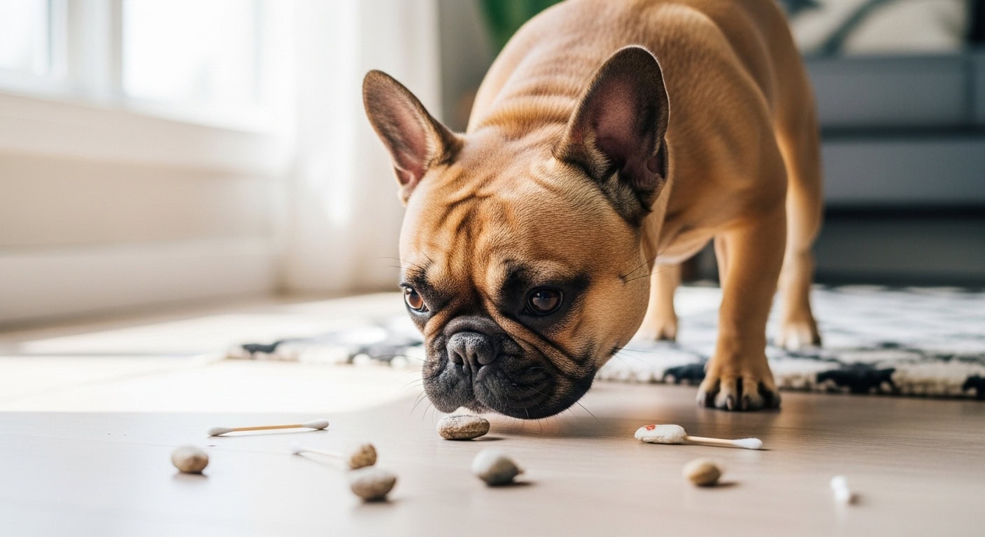 French bulldog doing scent work training with stones and cotton swabs.