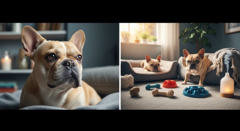 Two tan French Bulldogs, one lounging in a bed, toys nearby.