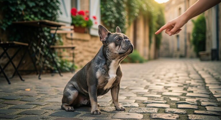 Brindle French Bulldog training on cobblestone street.