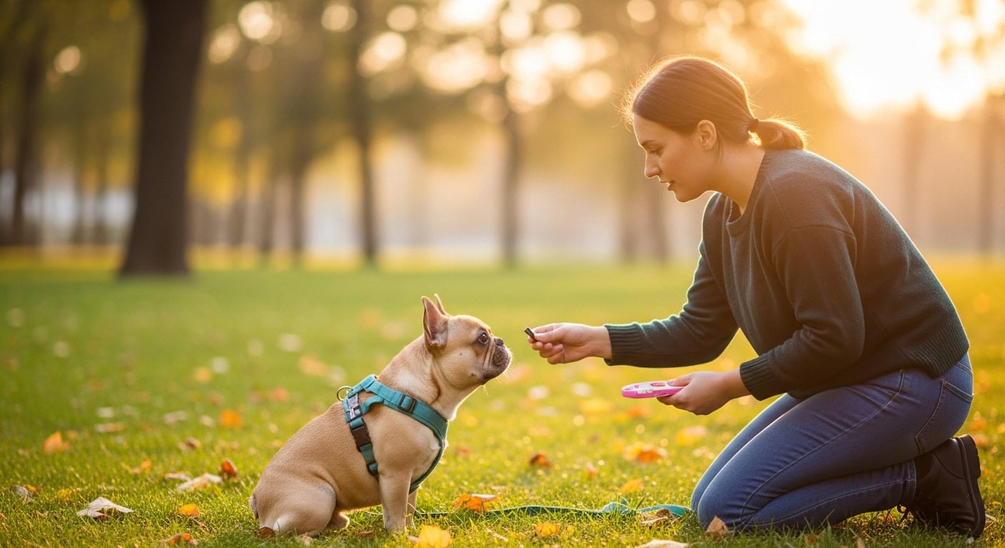 Woman training her French Bulldog with treat outdoors in park.