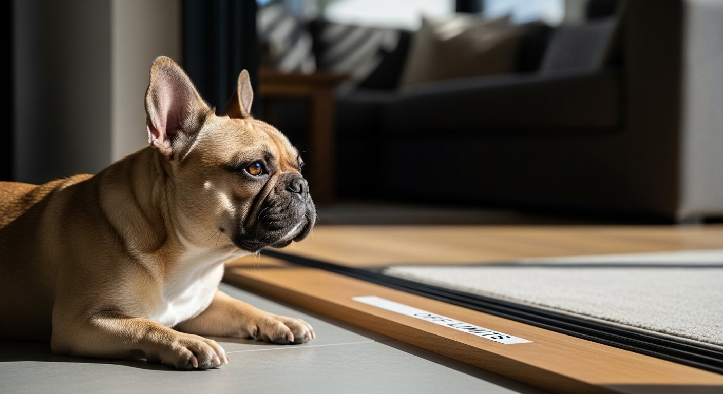 French Bulldog puppy stares at "Off Limits" area, sunlight streaming in.