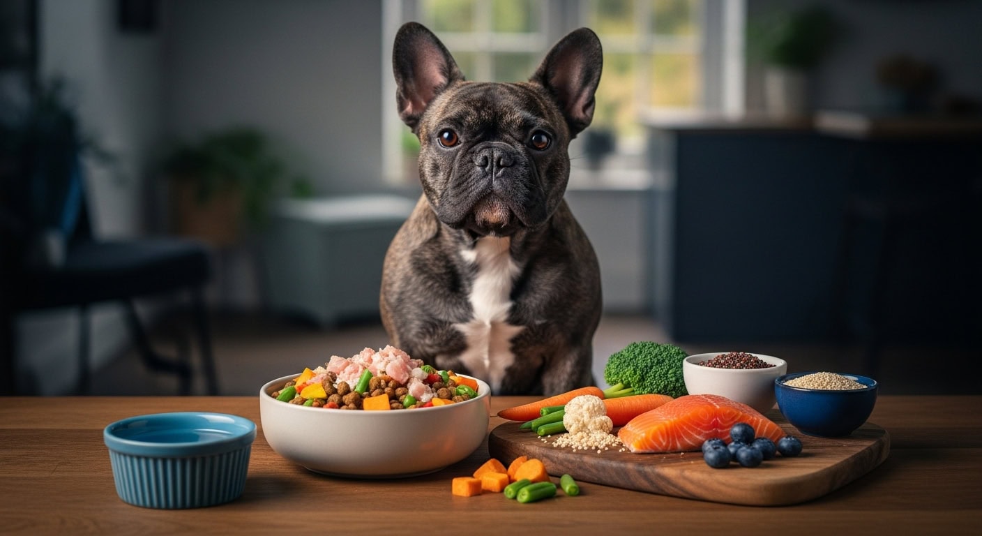 French bulldog looks at healthy dog food bowl with salmon, veggies, and grains.