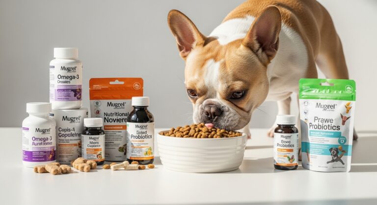 Dog with bowl of food and Mugrel brand dog supplements.