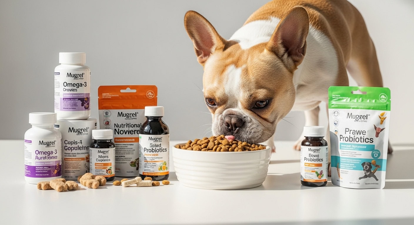 Dog with bowl of food and Mugrel brand dog supplements.