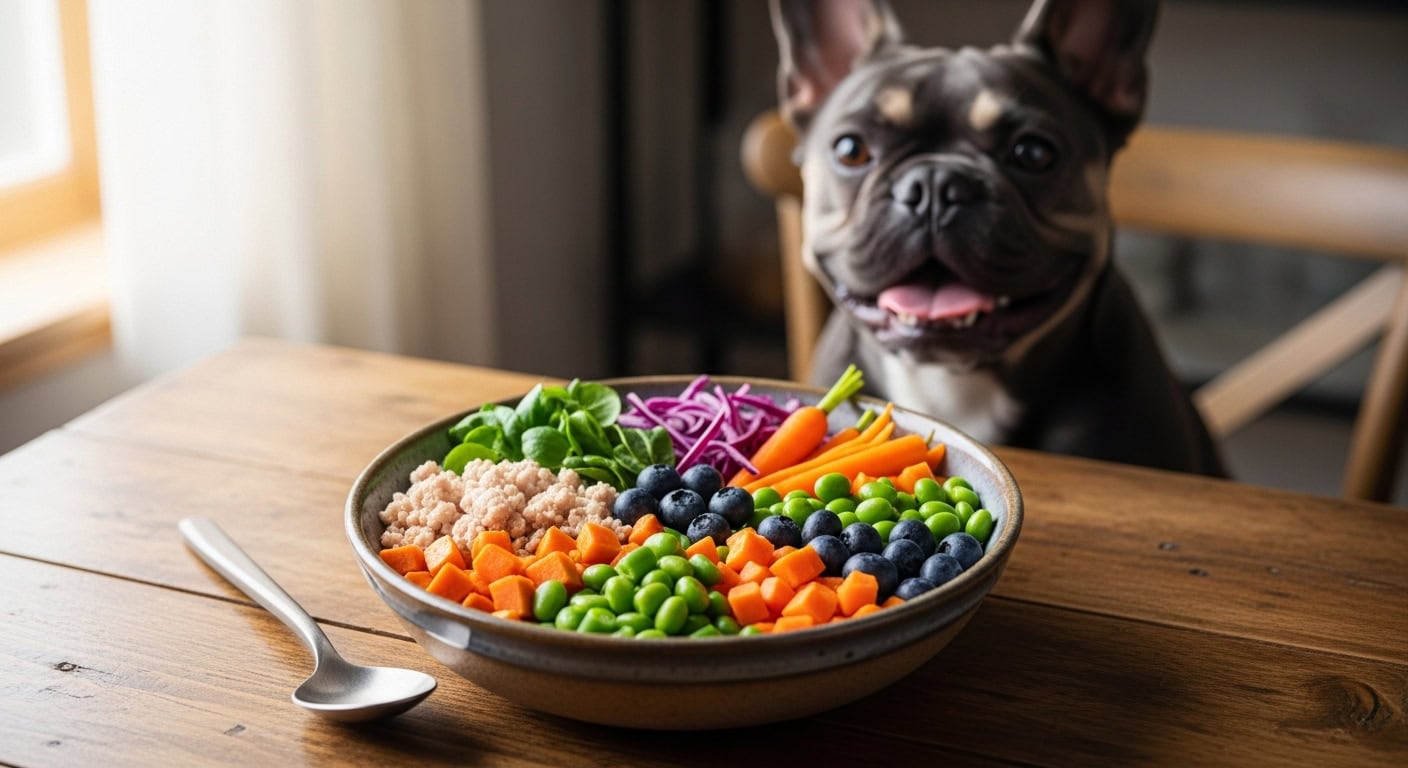 French Bulldog eyeing a bowl of healthy dog food.