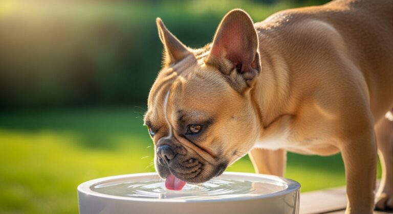 French Bulldog drinking water from a bowl outside.