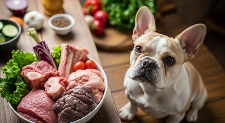 French Bulldog looking at raw food diet bowl with meat and vegetables.