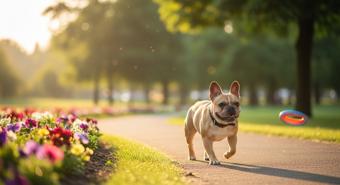 French bulldog walking in park, frisbee in air. Weight management lifestyle.