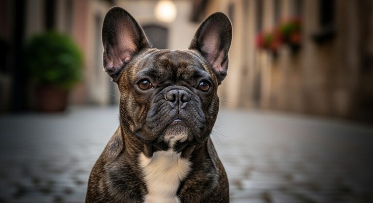 Brindle French Bulldog portrait. Cute dog breed with big ears.