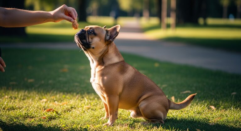 French bulldog getting a treat in the park. Dog training.