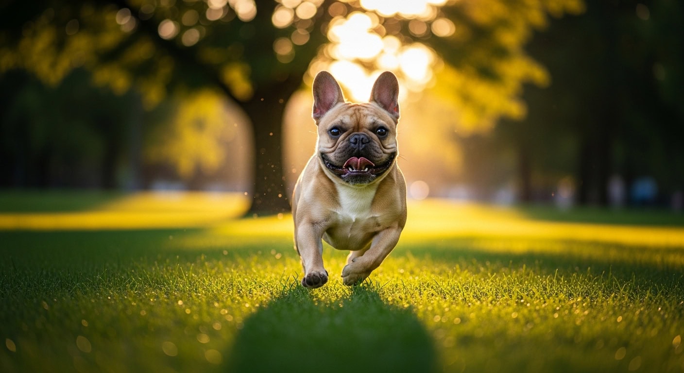 Happy French Bulldog running in a sunlit park.